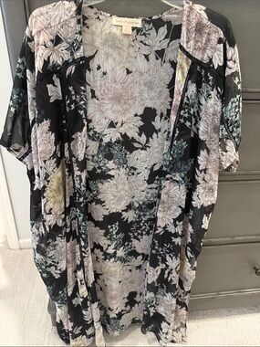 Band of Gypsies Black Floral Sheer Duster with Pastel Blooms